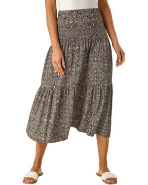 Roman Stretch Geometric Floral Midi Skirt - Brown