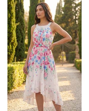 Roman Floral Print High Low Midi Dress - Pink