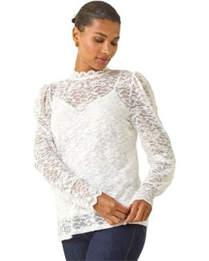 Roman Lace Frill High Neck Stretch Top - White