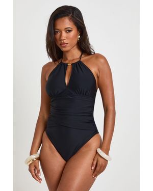 Boohoo Tummy Control Cut Out Halter Neck Trim Detail Swimsuit - Blue