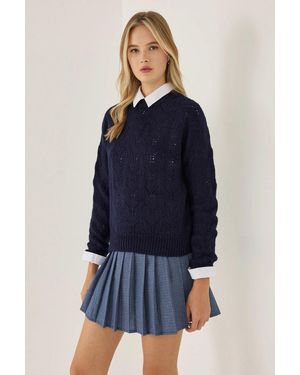 Hiccup Crew Neck Openwork Jumper - Blue