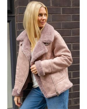 Roman Contrast Aviator Fur Coat - Pink