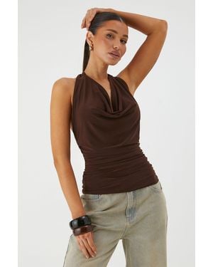 MissPap Plunge Halter Neck Ruched Wrap Top - Brown