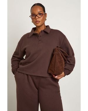 Boohoo Plus Button Down Collared Sweatshirt - Brown