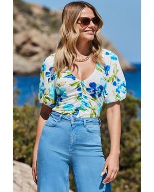 Sosandar Ivory Floral Print Ruched Detail Top - Blue