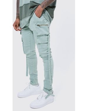 BoohooMAN Super Skinny Stretch Strap Detail Cargo Jeans - Blue