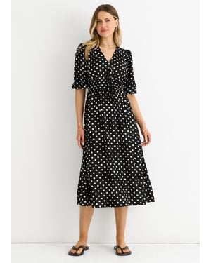 Gini London Spot Print Shirred Waist Shift Midi Dress - Black