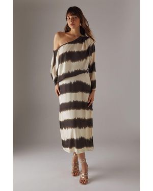 Warehouse Print Georgette Fallen Shoulder Midi Dress - Multicolour