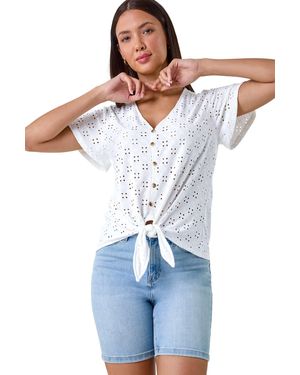 Roman V-Neck Broderie Stretch Jersey Tie Front Top - Blue