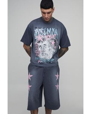 BoohooMAN Tall Oversized Boxy Graphic Star Limited Edition T-Shirt And Jort Set - Blue