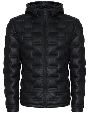 Infinity Leather Hooded Puffer Quilted Bomber Jacket - Black