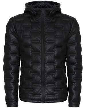 Infinity Leather Hooded Puffer Quilted Bomber Jacket - Black