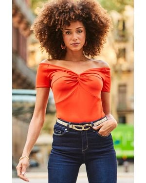 Sosandar Rib Twist Front Bardot Jersey Top - Red