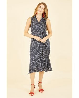 Mela London Spot Satin Wrap Effect Midi Dress - Blue