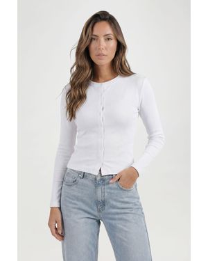 Boohoo Petite Rib Button Through Long Sleeve Top - White