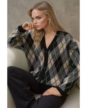 Hiccup Long V-Neck Geometric Knitwear Cardigan With Buttons - Black