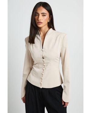 Boohoo High Neck Button Down Split Cuff Blazer - Natural