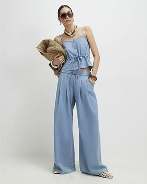 River Island Wide Leg Trousers Denim Look Drawstring Cotton - Blue