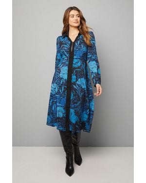 Wallis Floral Collar Contrast Zip Midi Dress - Blue