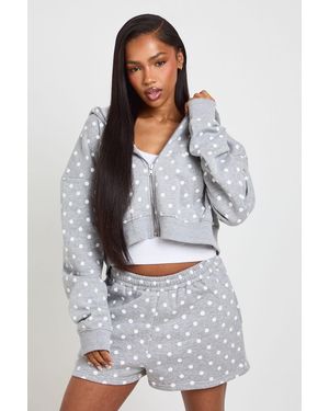 Boohoo Polka Dot Boxy Zip Through Crop Hoodie - Grey