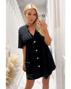 AX Paris Button Up Ruched Detail Smock V-Neck Dress - Black