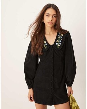 Nobody's Child Primrose Cord Mini Dress With Embroidered Collar - Black