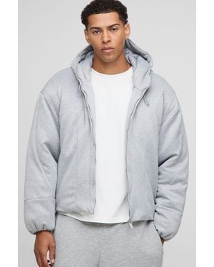 BoohooMAN Oversized Boxy Hooded Jersey Puffer Jacket - Grey