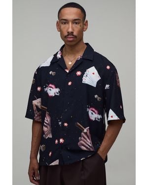 BoohooMAN Oversized Boxy Party Print Shirt - Blue
