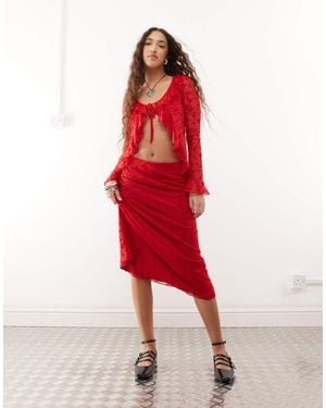 Reclaimed Vintage Flocked Mesh Midi Skirt Co-Ord - Red