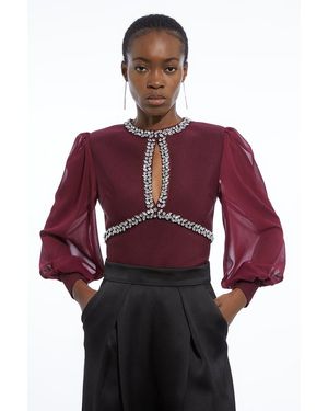 Karen Millen Bandage Embellished And Chiffon Sleeve Figure Form Knit Top - Red