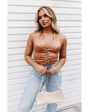 Femme Luxe Halterneck Lace Up Crop Top - Blue