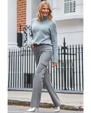 Sosandar Faux Leather Wide Leg Cargo Trousers With Pocket Detail - Blue