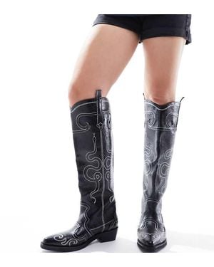 Public Desire Wide Fit Serpentine Western Boot With Embroidery - Black