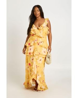 Boohoo Plus Floral V Neck Chiffon Ruffle Maxi Dress - Metallic