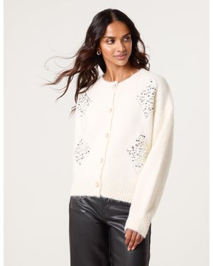 Blue Vanilla Diamante Sequin Brochure Button Front Cardigan - White