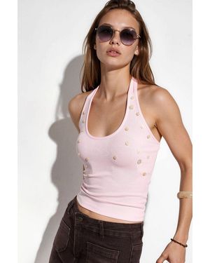Busem Geborduurde Slim-Fit Mouwloze Blouse - Roze