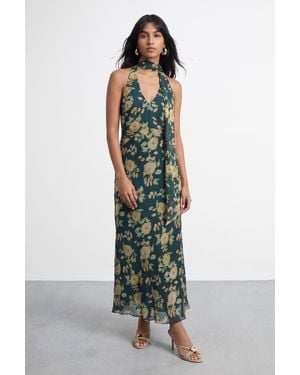 Warehouse Blurred Floral Print Tie Neck Halter Maxi Dress - Green