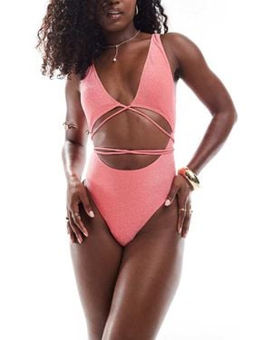 South Beach Glitter Cut Out Wrap Front Swimsuit - Pink