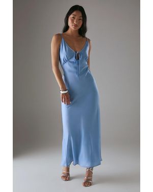 Warehouse Petite Satin Strappy Tie Front Maxi Slip Dress - Blue