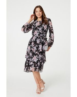 Izabel London Floral Semi Sheer Layered Hem Midi Dress - Black