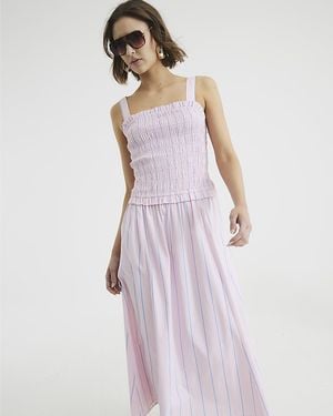 River Island Midi Dress Stripe Shirred Square Neck - Purple