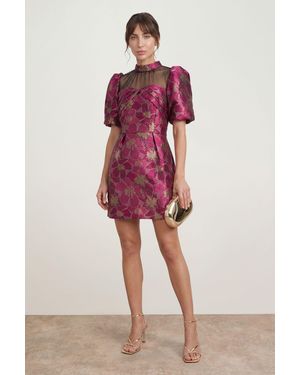 Oasis Jacquard Puff Sleeve High Neck Mini Dress - Red