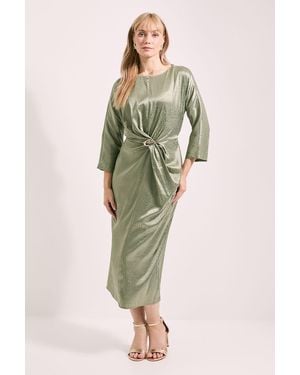 PRINCIPLES Buckle Detail Twist Front Satin Jacquard Midi Dress - Green