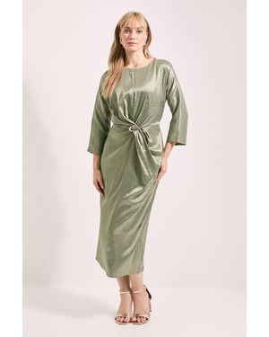 PRINCIPLES Buckle Detail Twist Front Satin Jacquard Midi Dress - Green
