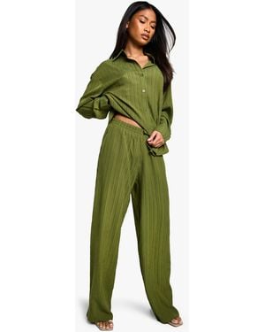 Boohoo Woven Crinkle Textured Straight Leg Trouser - Green