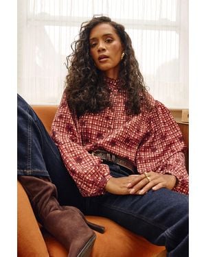 Wallis Check Ruffle Collar Button Blouse - Red