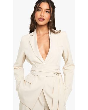 Boohoo Obi Tie Waist Blazer - Natural