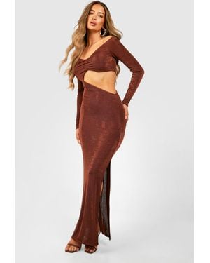Boohoo Bardot Ruched Acetate Slinky Split Leg Maxi Dress - Red