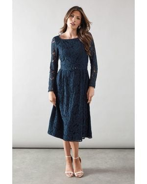 Wallis Lace Square Neck Belted Dress - Blue