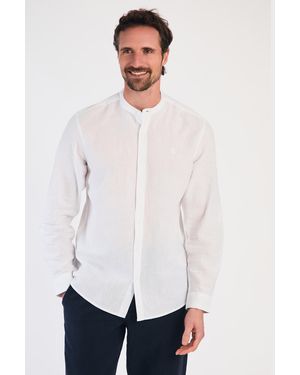 Nines Linen Blend Long Sleeve Button-Up Shirt With Grandad Collar - White